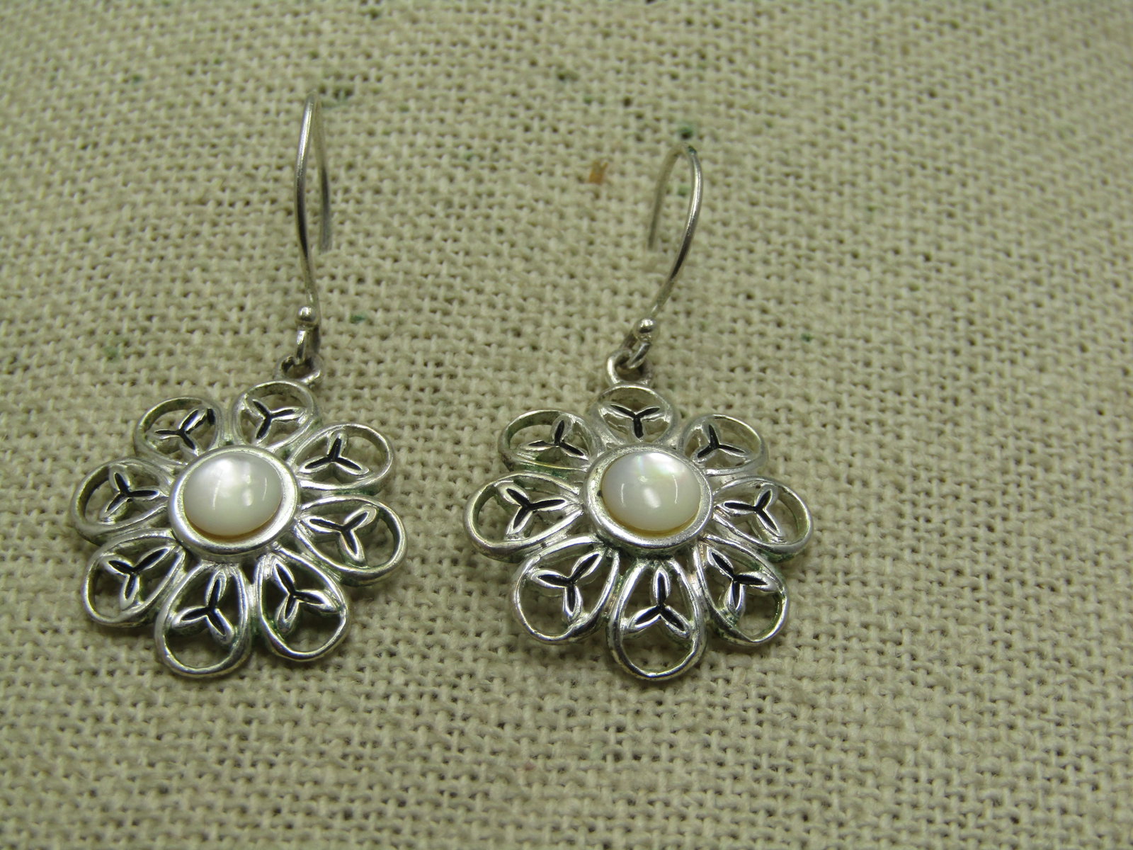 Silver Plated Blossom Earrings, MOP, 1.5", Pierced, Signed CW - 3