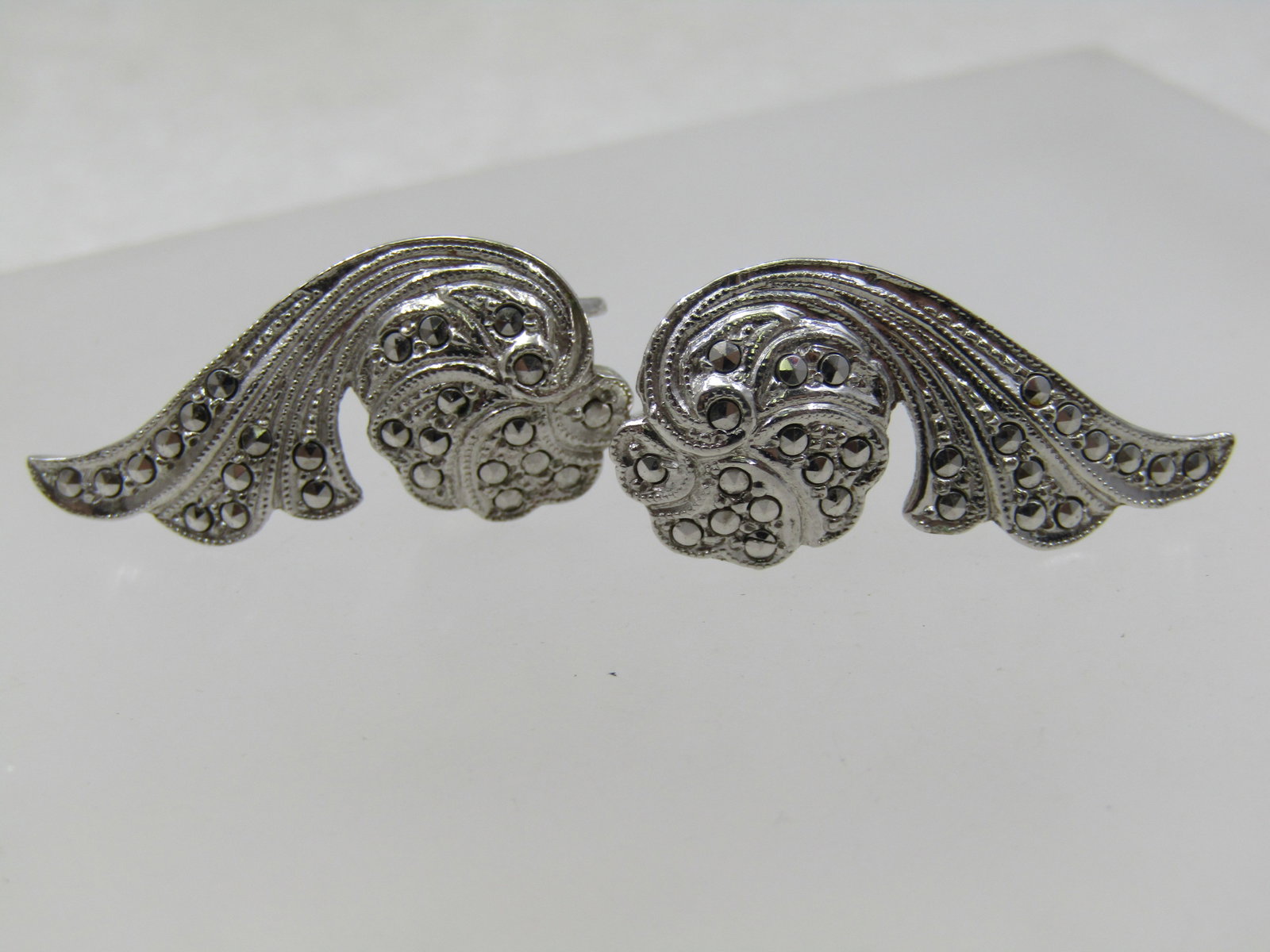 Vintage Sterling Marcasite Curved Earrings, Screw Back, Like Angel Wings (1 of 5)