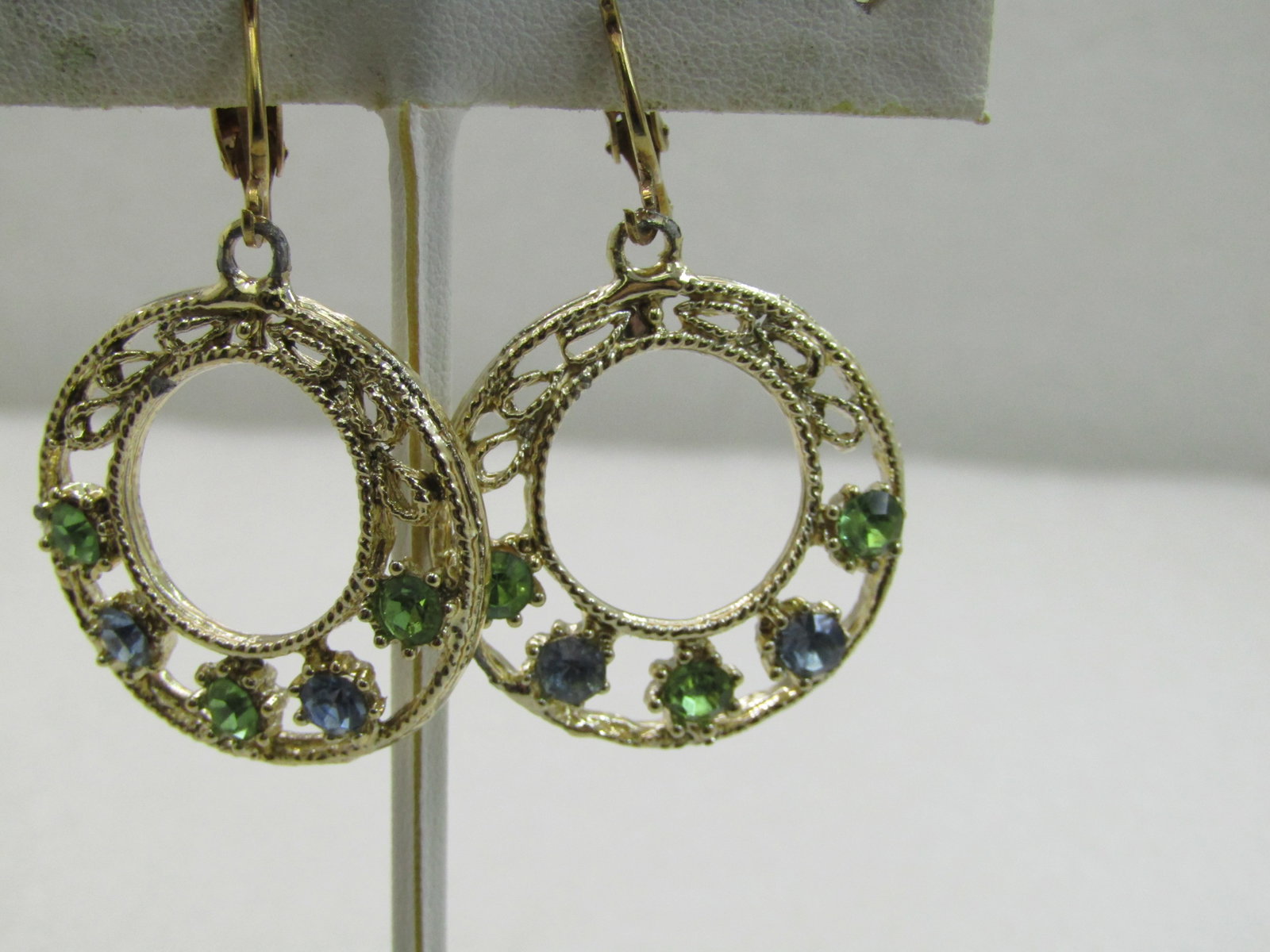 Vintage Blue & Green Rhinestone Hoop earrings, Clip, 1960's-1970's - 2