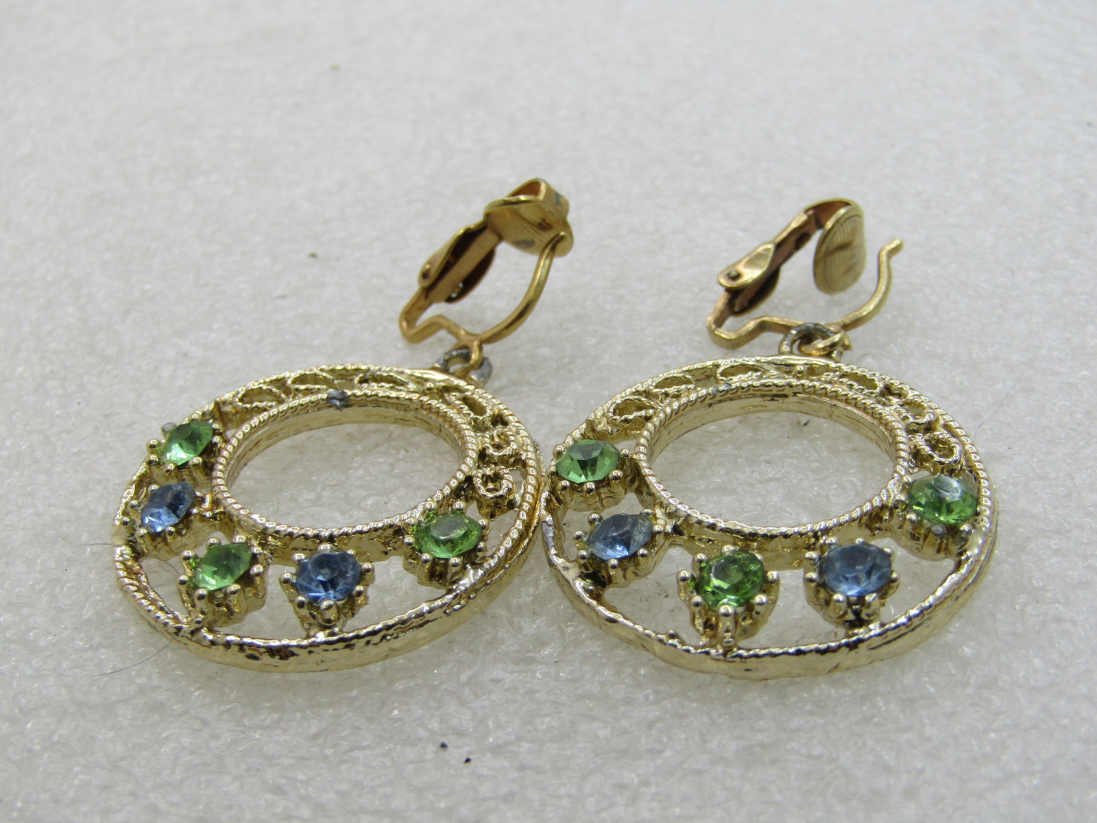 Vintage Blue & Green Rhinestone Hoop earrings, Clip, 1960's-1970's - 3