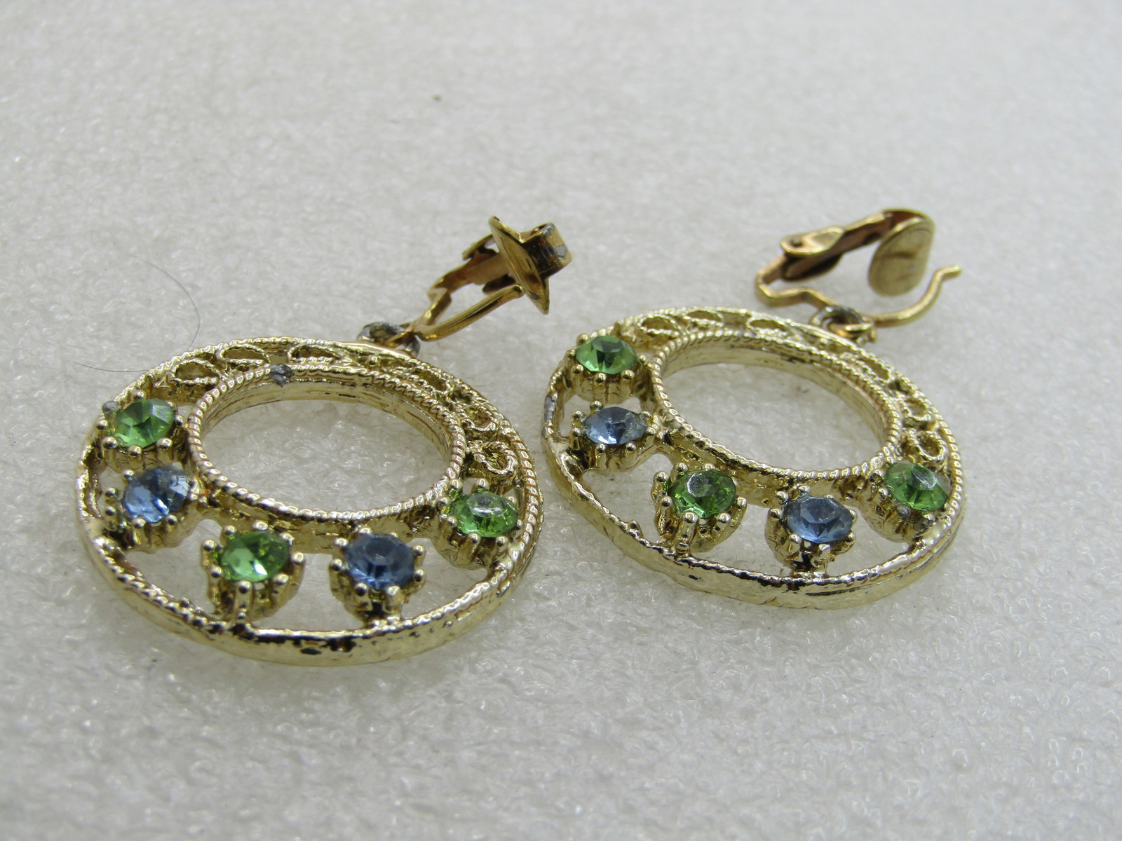 Vintage Blue & Green Rhinestone Hoop earrings, Clip, 1960's-1970's - 4