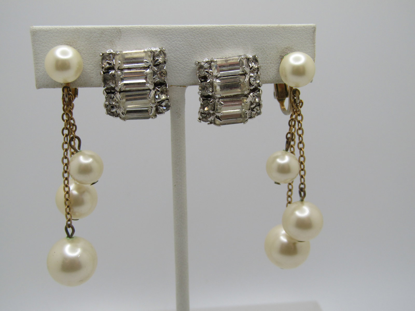 Vintage Pair of Rhinestone & Faux Pearl Earrings, 1950's - 2