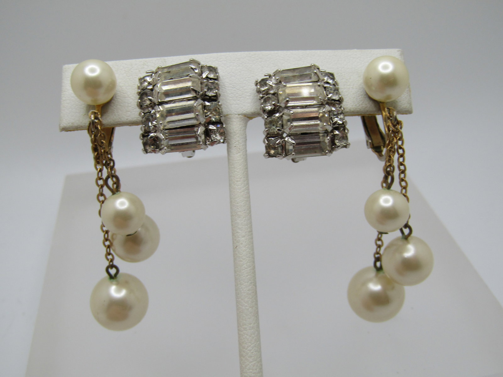 Vintage Pair of Rhinestone & Faux Pearl Earrings, 1950's - 3