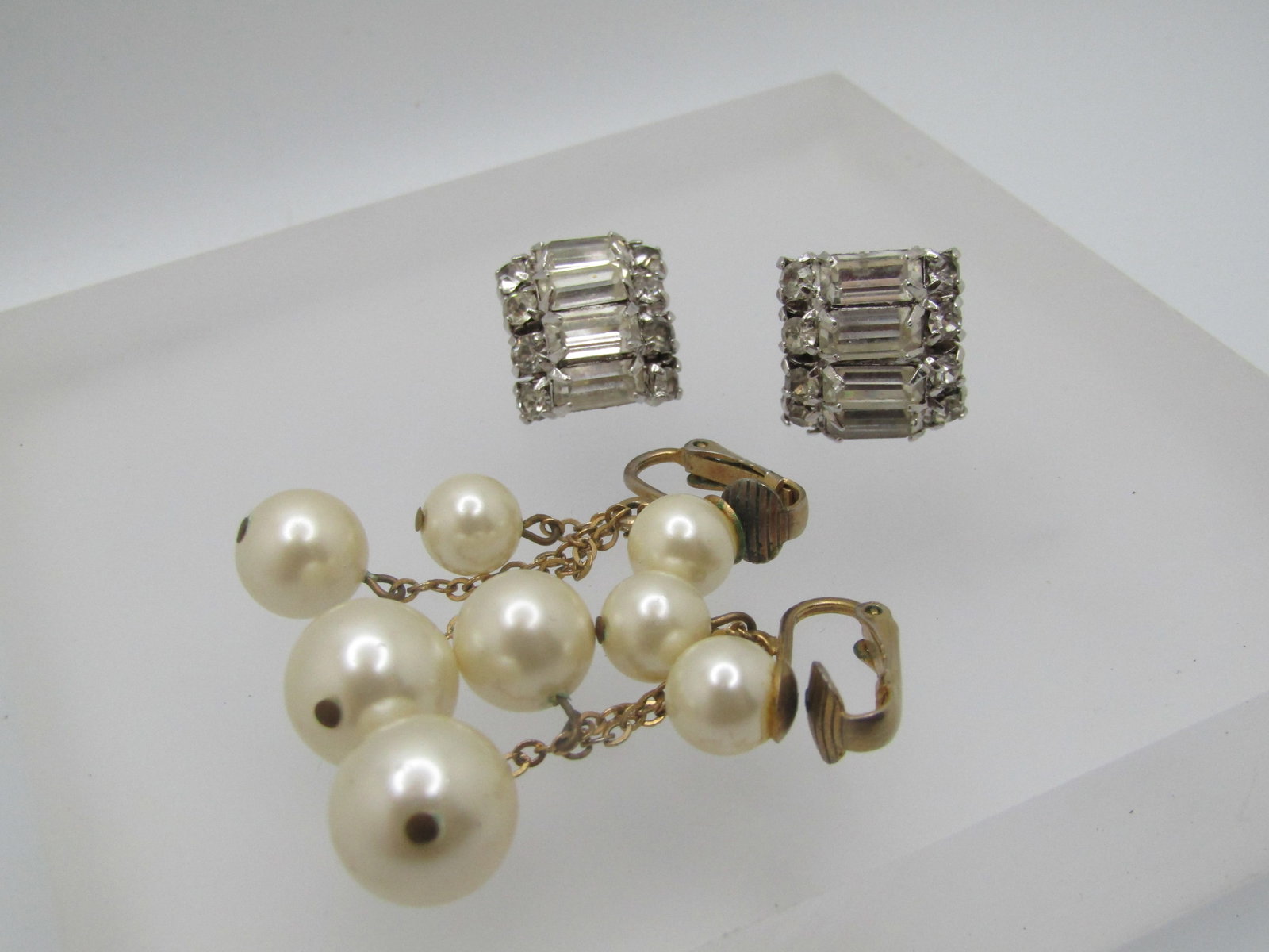 Vintage Pair of Rhinestone & Faux Pearl Earrings, 1950's - 5