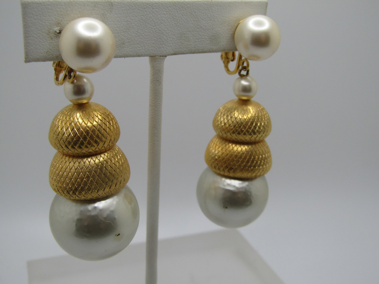 Vintage Faux Pearl Stud Dangle Earrings, Chunky Clip - 2