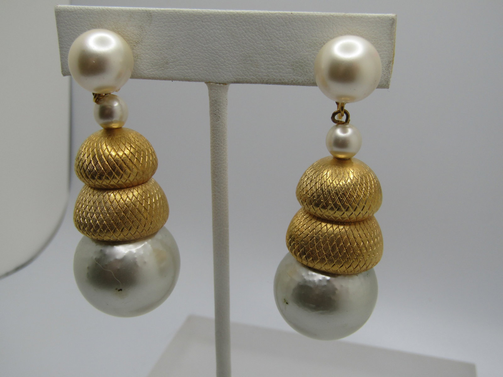 Vintage Faux Pearl Stud Dangle Earrings, Chunky Clip - 3