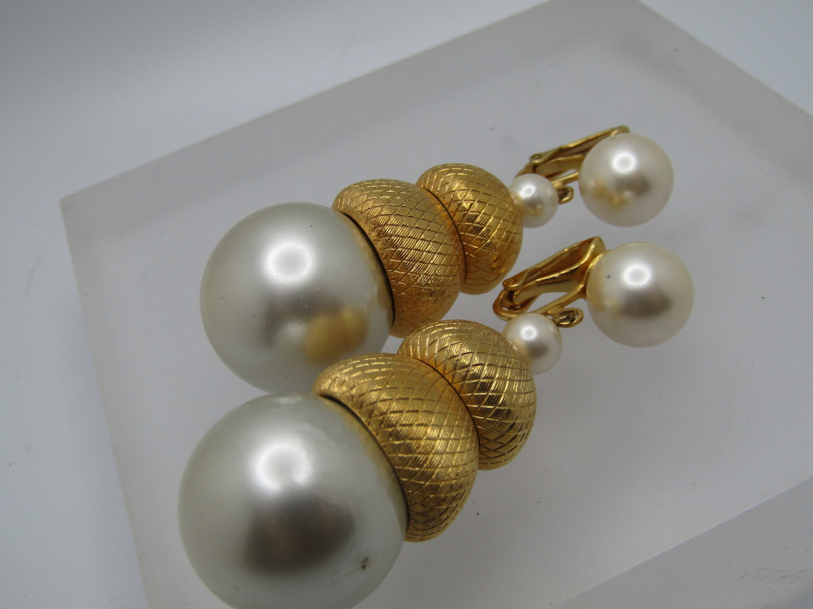 Vintage Faux Pearl Stud Dangle Earrings, Chunky Clip - 5