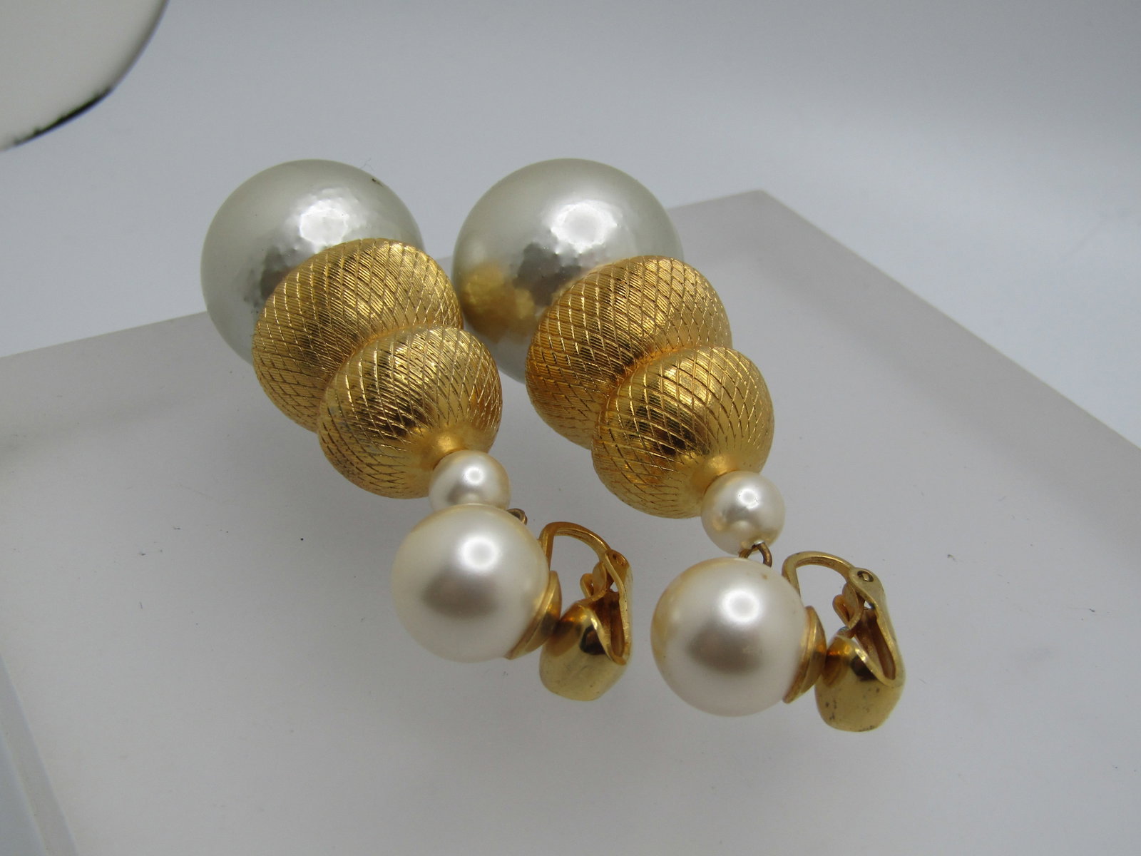 Vintage Faux Pearl Stud Dangle Earrings, Chunky Clip - 6