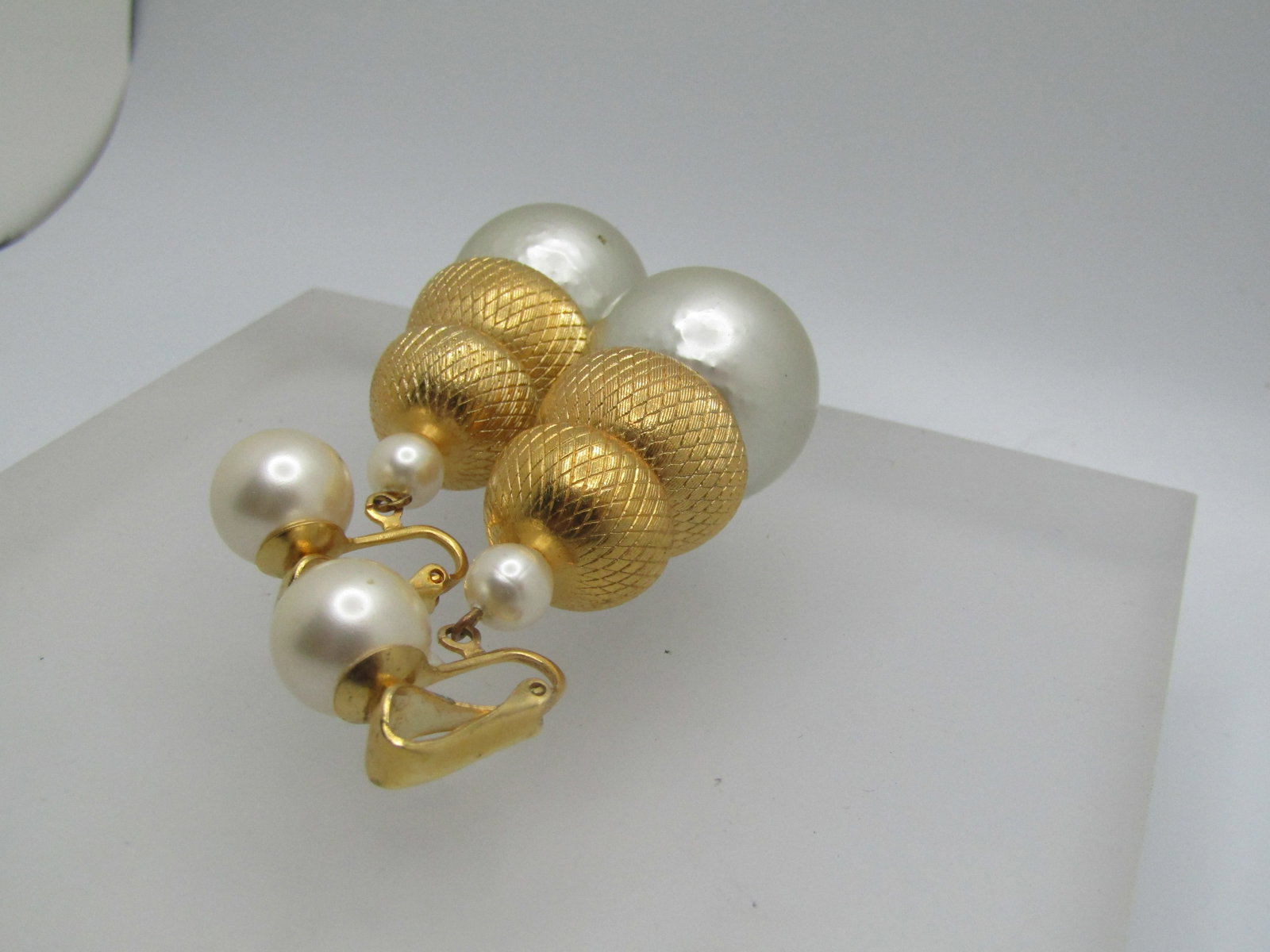 Vintage Faux Pearl Stud Dangle Earrings, Chunky Clip - 7