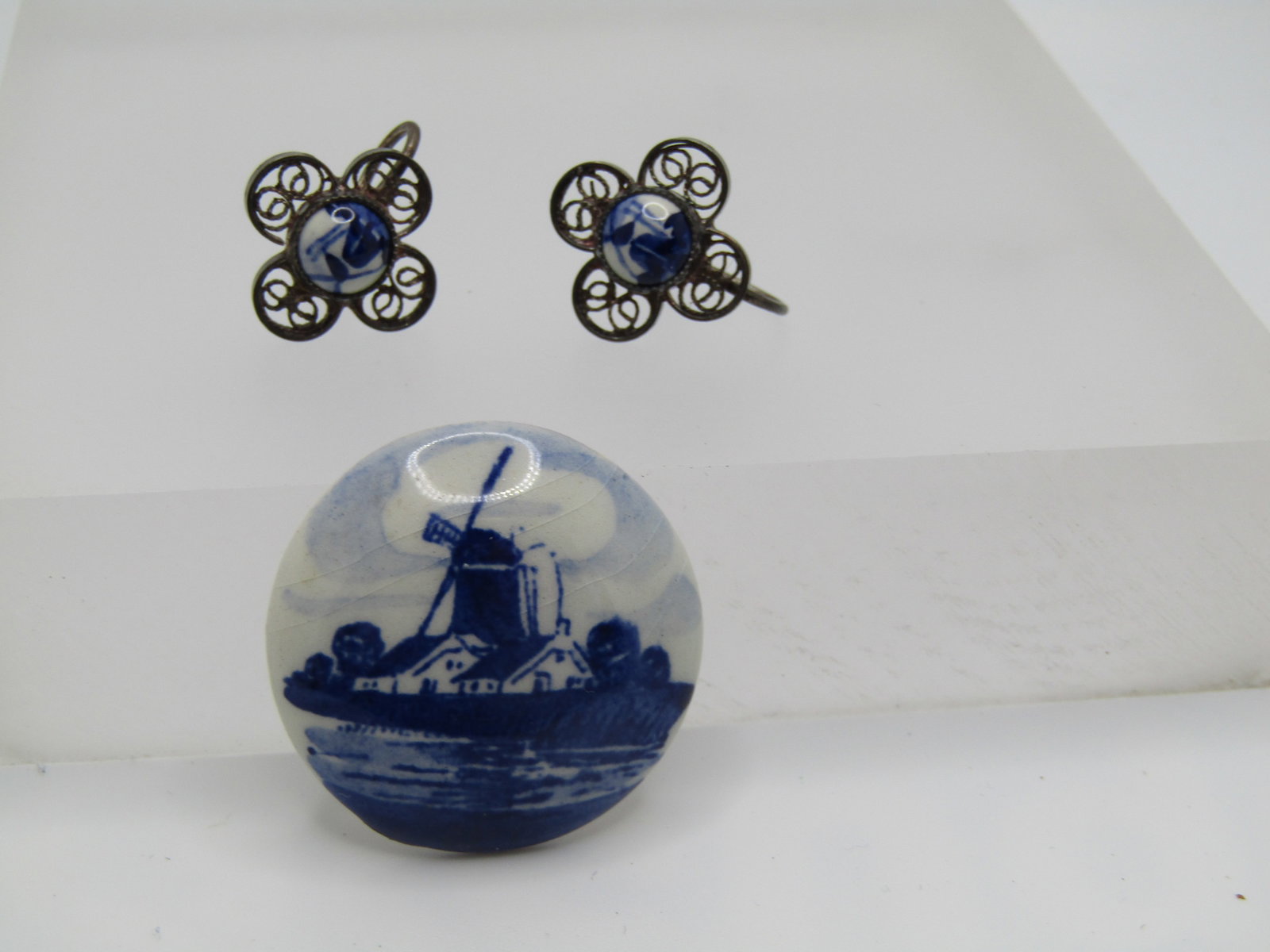 Vintage .900 Silver Delft Earrings & Brooch, Signed Holland, 1940's-1950's: Vintage .900 Silver Delft Earrings & Brooch, Signed Holland, 1940's-1950's. The brooch is a domed round painted windmill scene that is appx. 1.25". The earrings have a filigree four petal blossom base