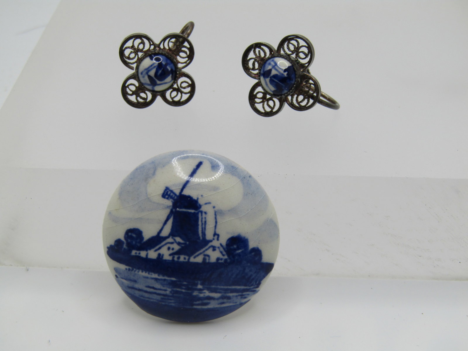 Vintage .900 Silver Delft Earrings & Brooch, Signed Holland, 1940's-1950's - 2