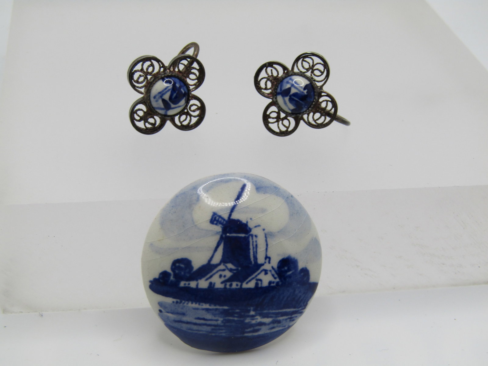 Vintage .900 Silver Delft Earrings & Brooch, Signed Holland, 1940's-1950's - 3