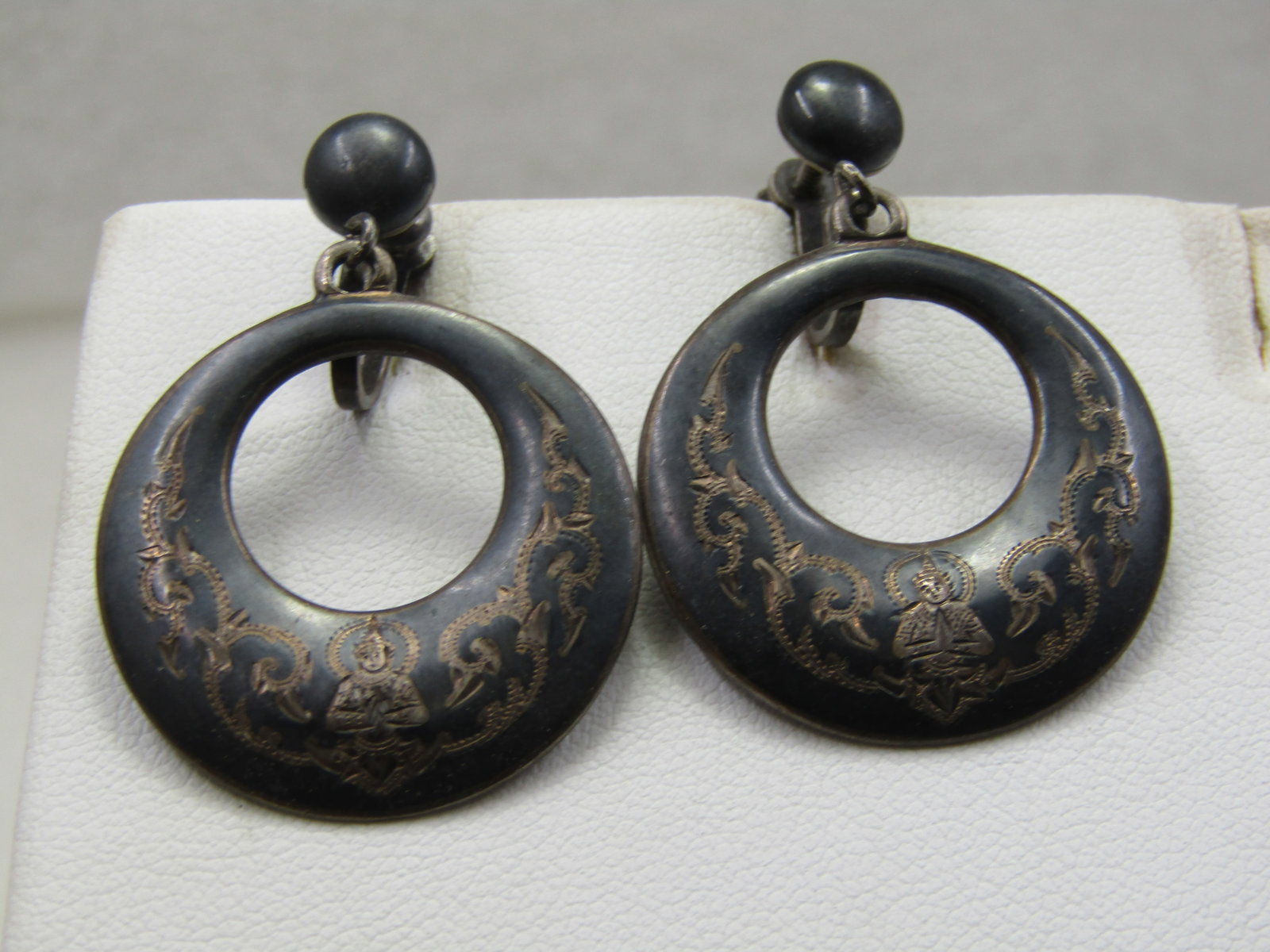 Vintage Siam Sterling Stud Dangle Hoop Earrings, Screw Back, Enameled, 1940's-1950's - 2