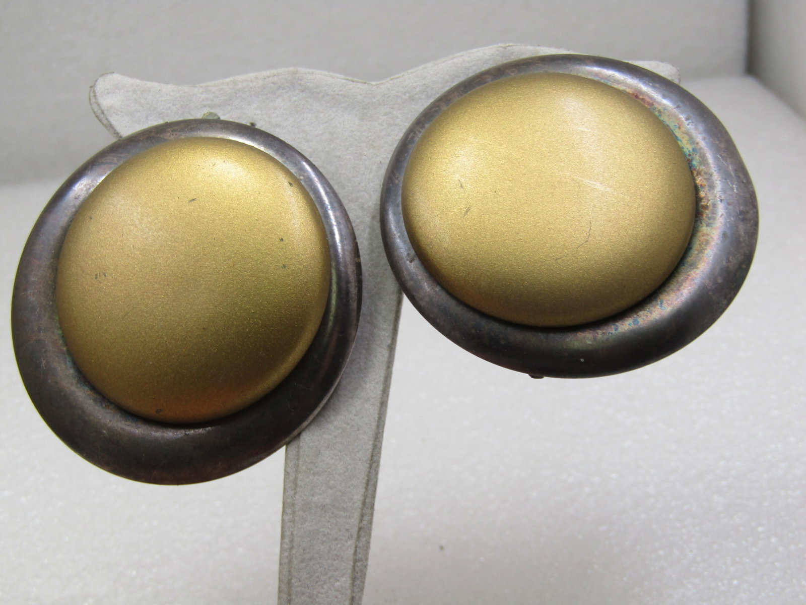 Vintage Kate Hines Brass Silver Tone 2" Earrings, Clip - 2