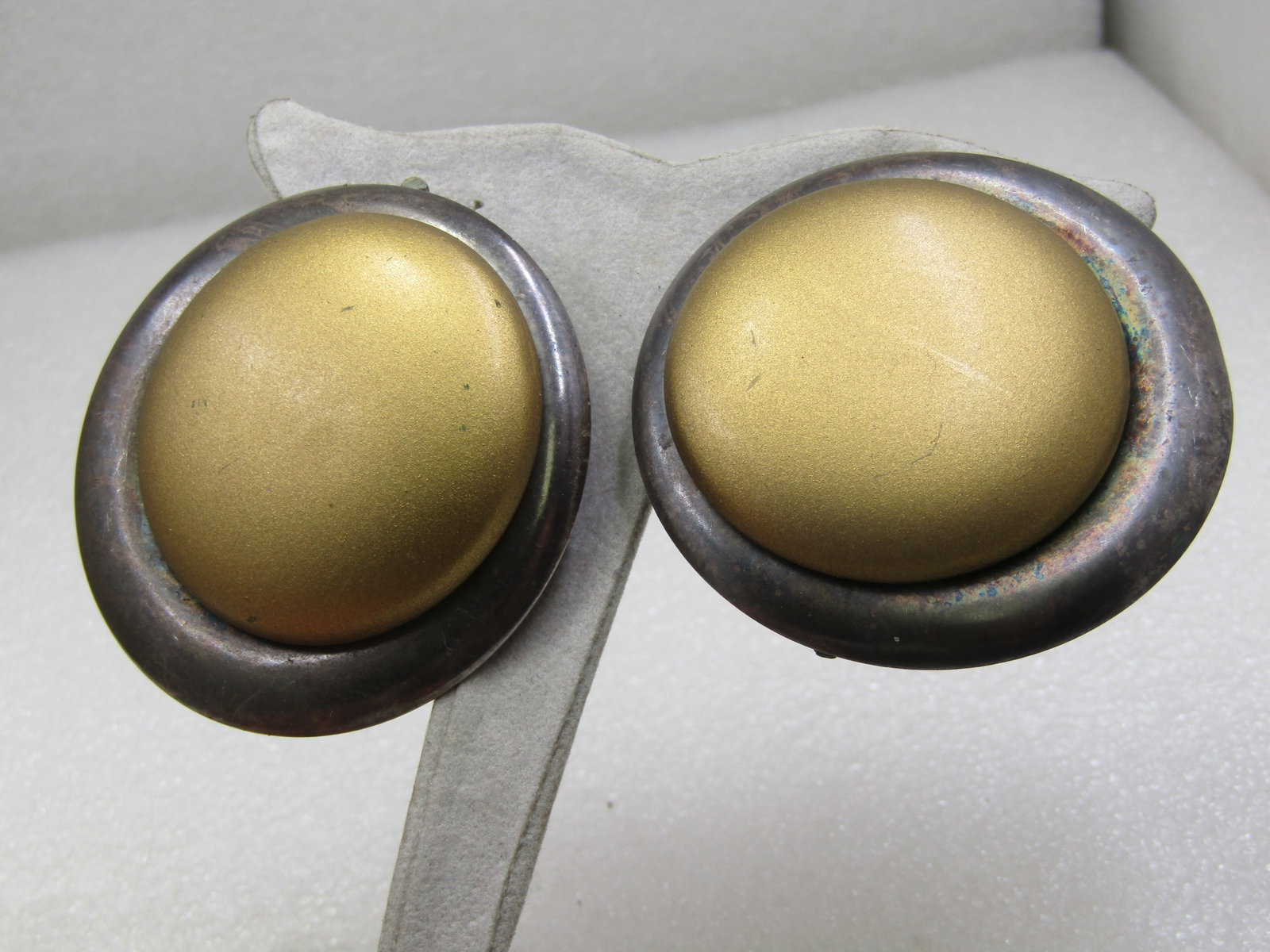 Vintage Kate Hines Brass Silver Tone 2" Earrings, Clip - 4
