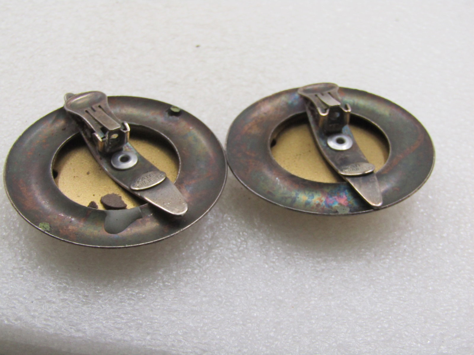 Vintage Kate Hines Brass Silver Tone 2" Earrings, Clip - 5