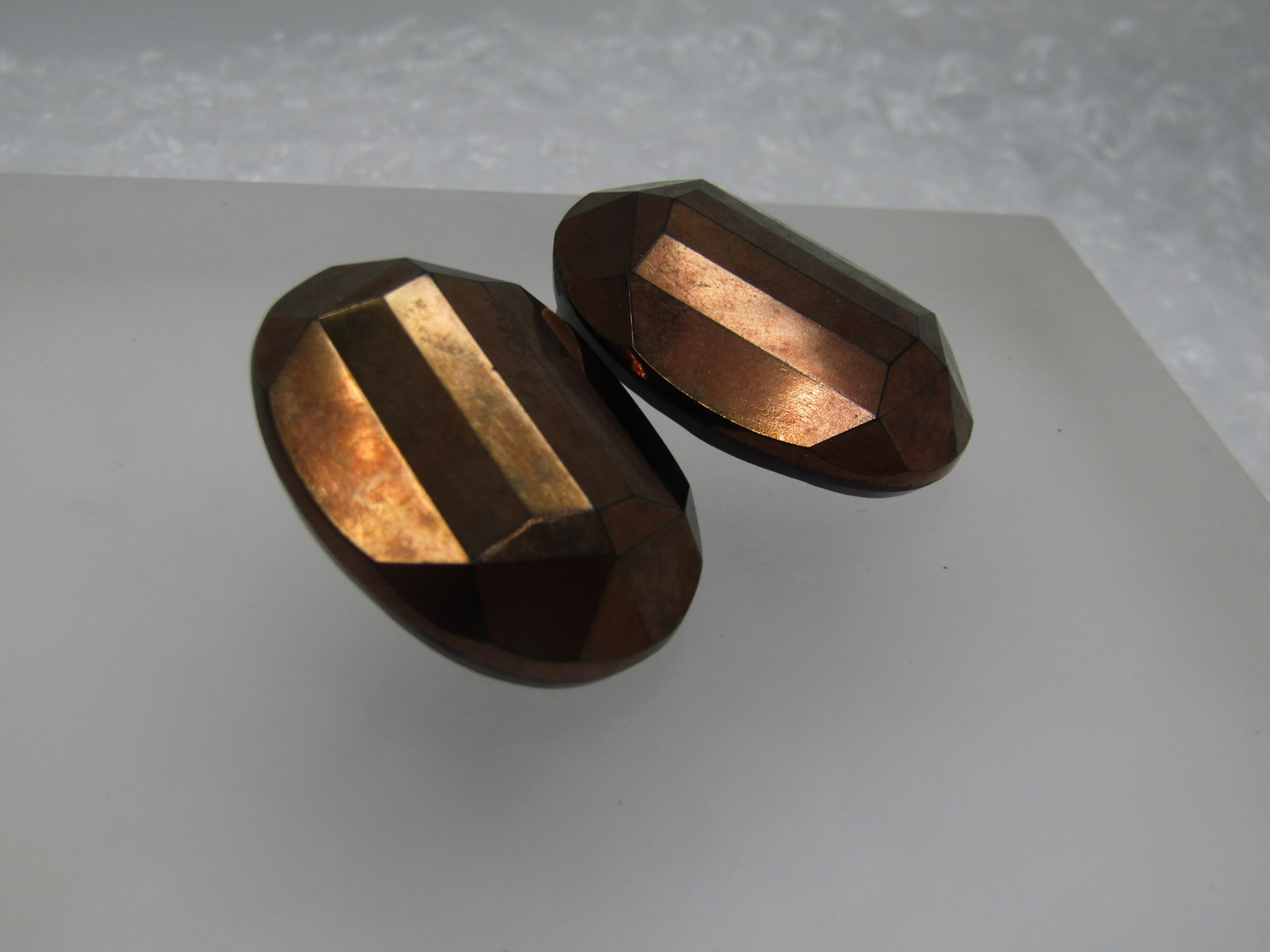 Vintage Metallic Copper Tone Faceted Earrings, Clip, Black Glass Base - 2