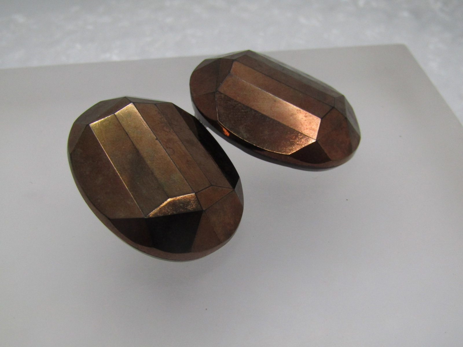 Vintage Metallic Copper Tone Faceted Earrings, Clip, Black Glass Base - 3