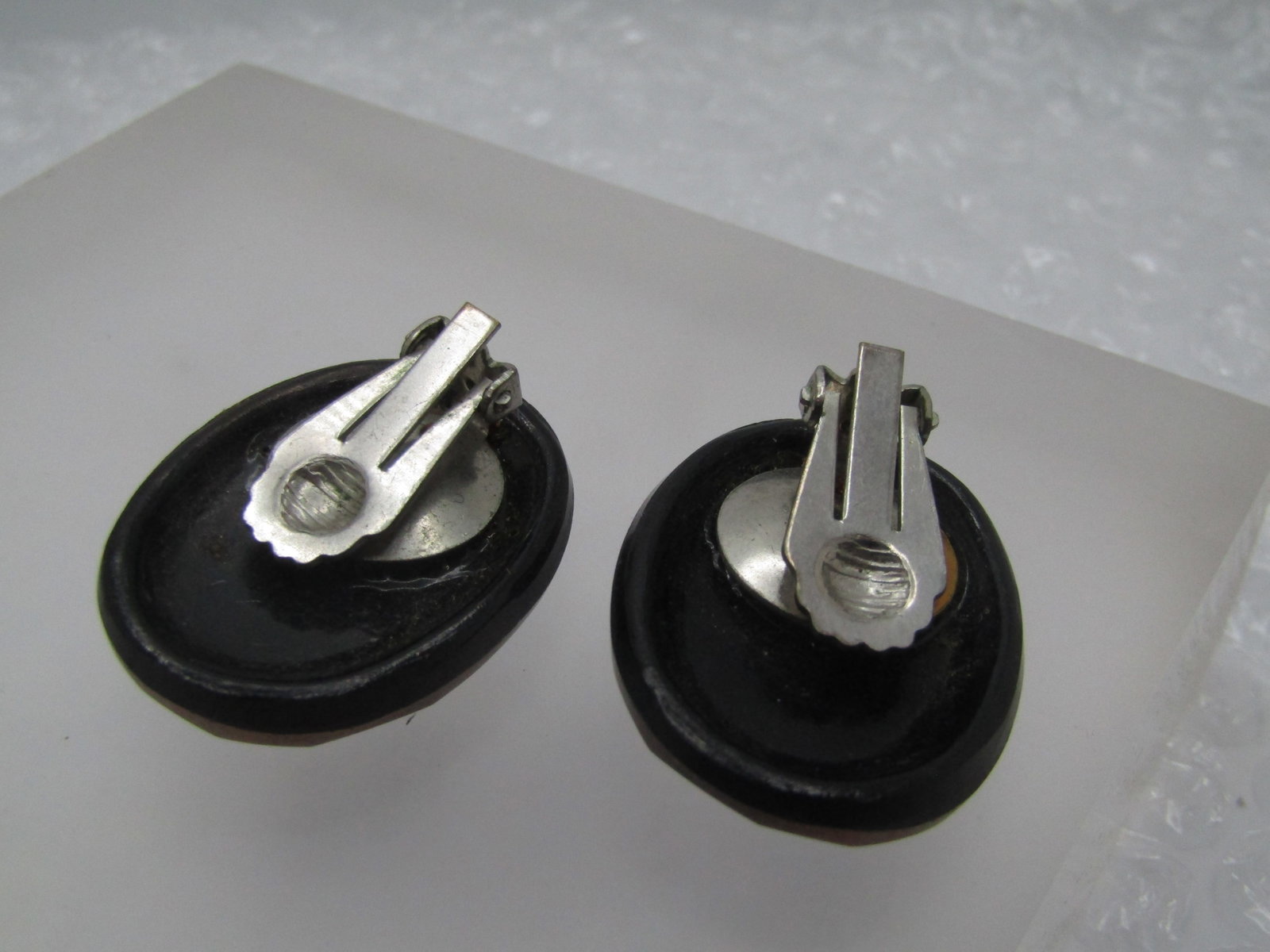 Vintage Metallic Copper Tone Faceted Earrings, Clip, Black Glass Base - 5