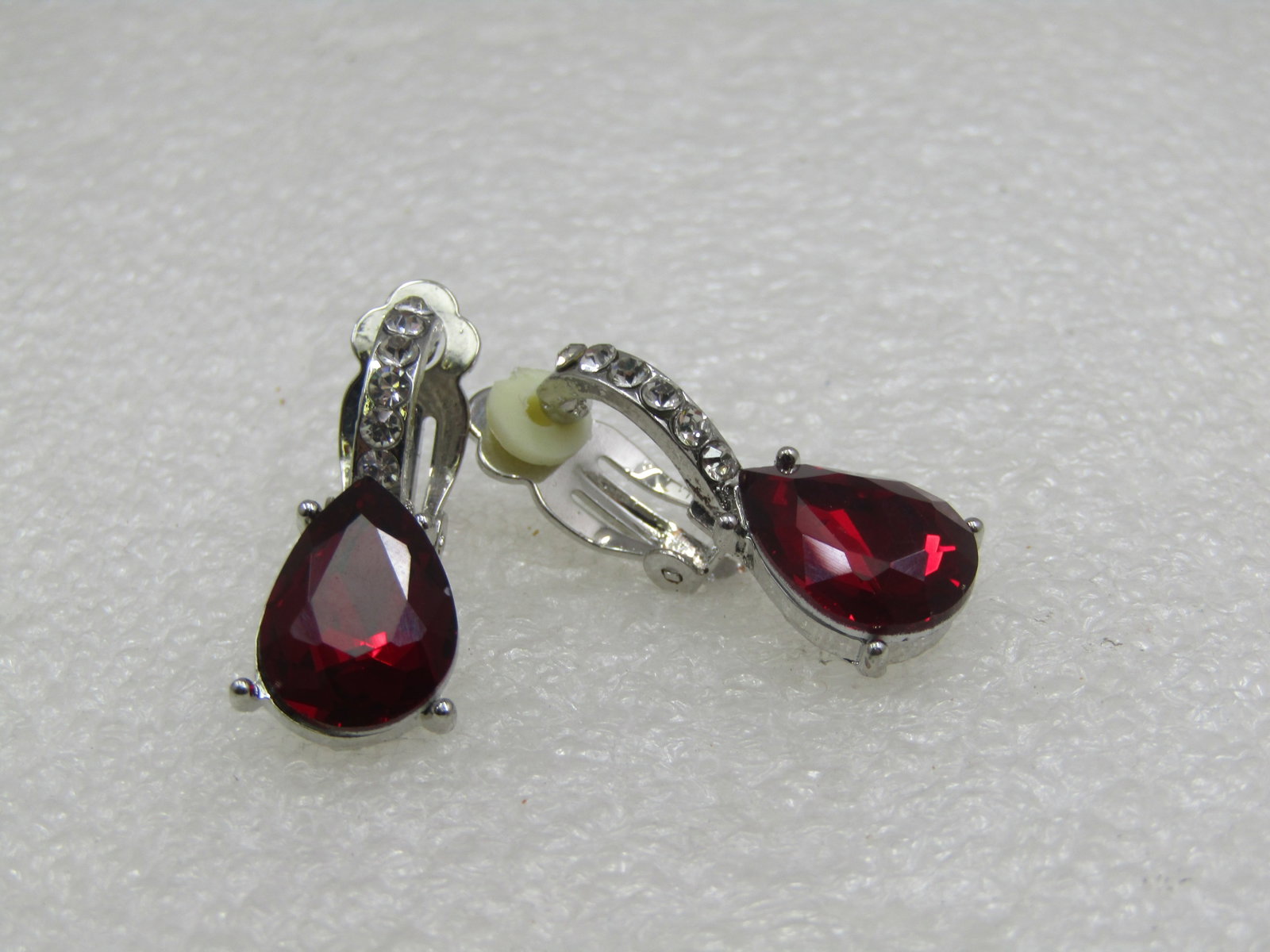 Vintage Red & Clear Rhinestone Clip Earrings, 1-1/8" - 2