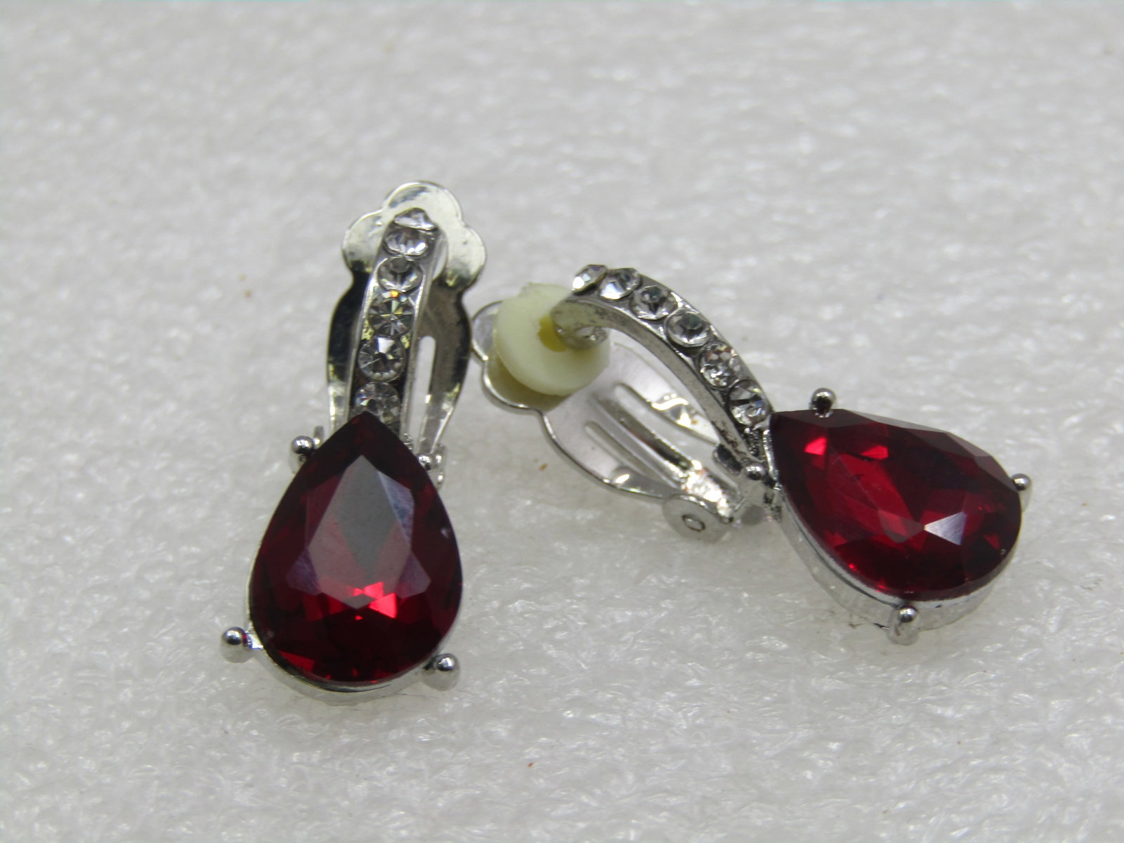 Vintage Red & Clear Rhinestone Clip Earrings, 1-1/8" - 3