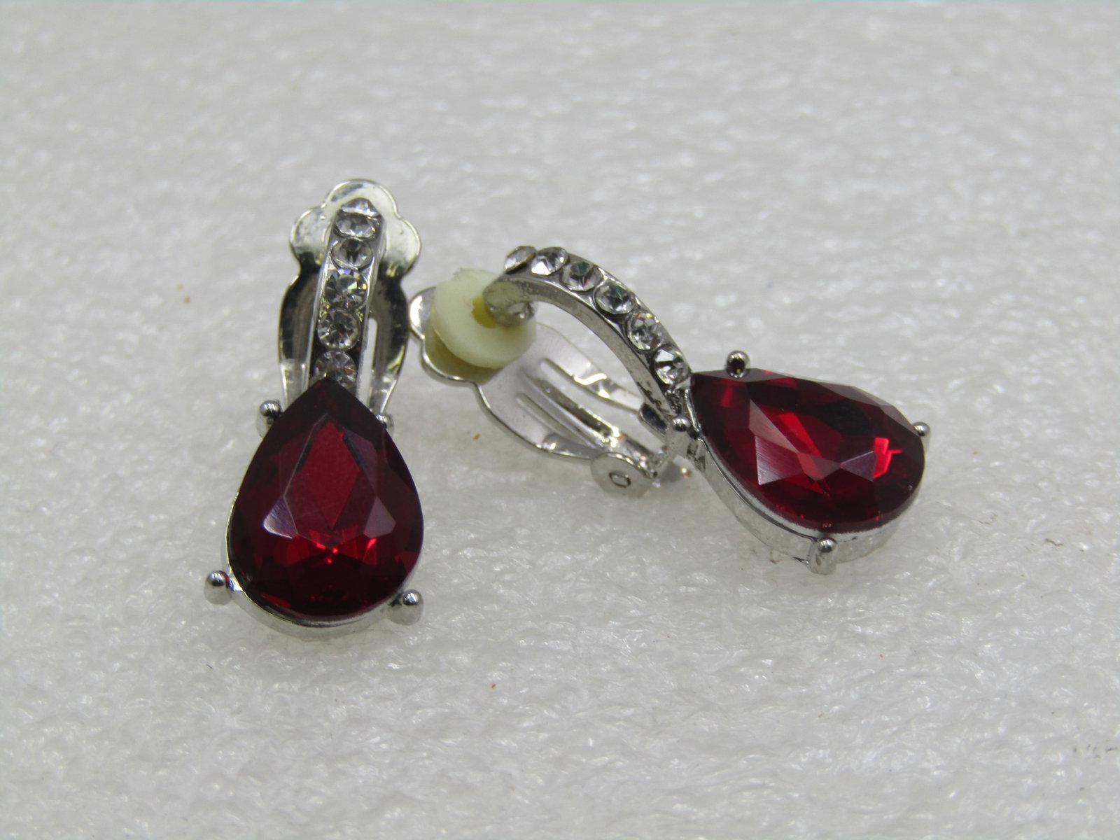 Vintage Red & Clear Rhinestone Clip Earrings, 1-1/8" - 4