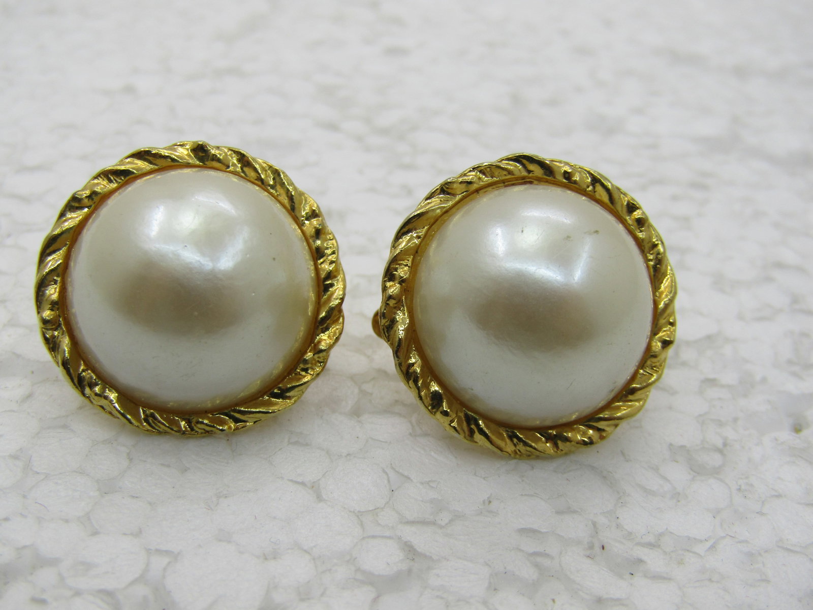 Vintage Faux Pearl Clip Earrings, Gold Tone, Rope Accent - 2