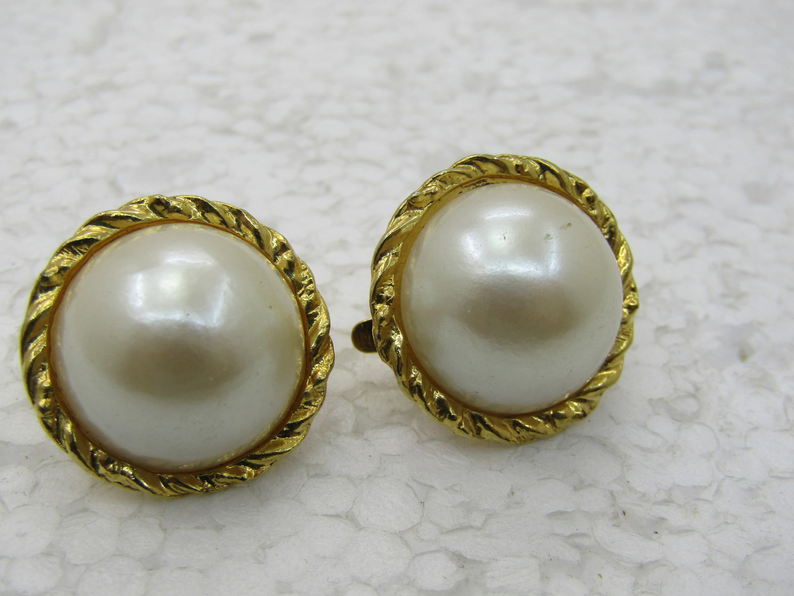Vintage Faux Pearl Clip Earrings, Gold Tone, Rope Accent - 3