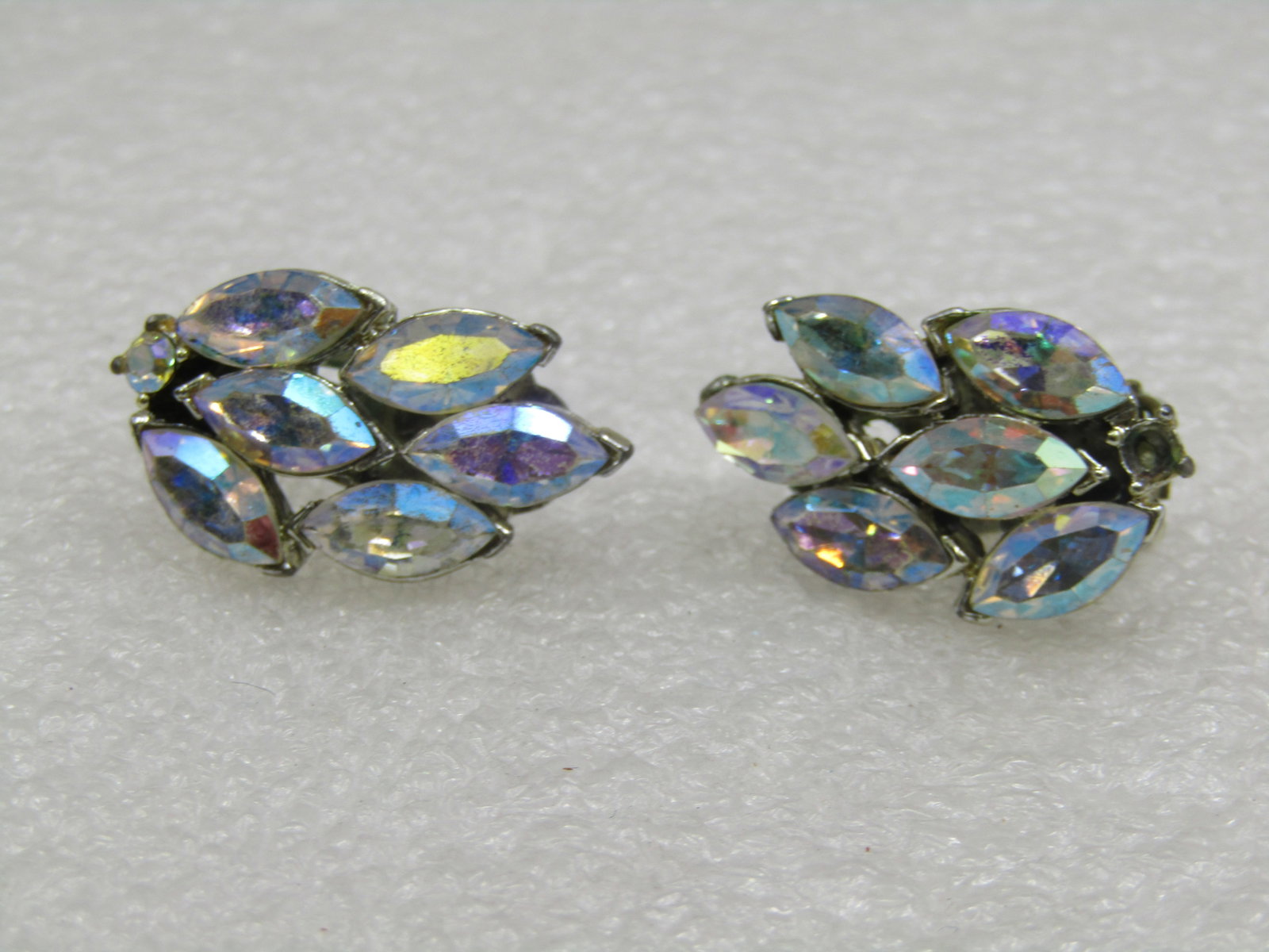 Vintage Aurora Borealis Leaf Clip Earrings, 1" - 2