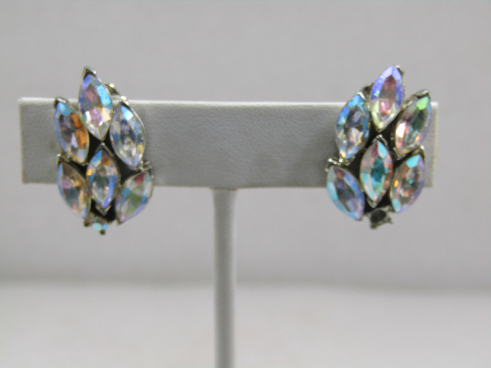 Vintage Aurora Borealis Leaf Clip Earrings, 1" - 3