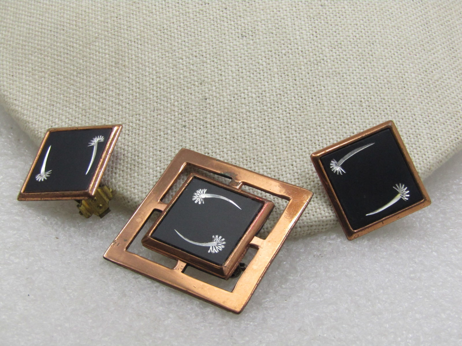 Vintage Copper & Black & Silver Etched Brooch & Clip Earrings Set, Mid-Century - 2