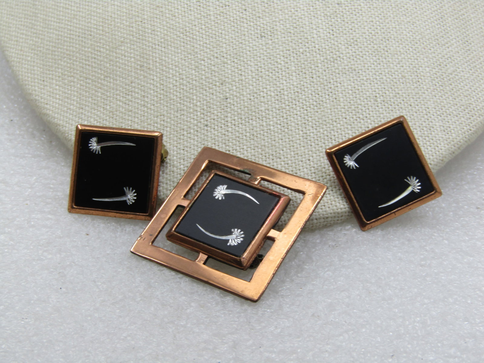 Vintage Copper & Black & Silver Etched Brooch & Clip Earrings Set, Mid-Century - 3