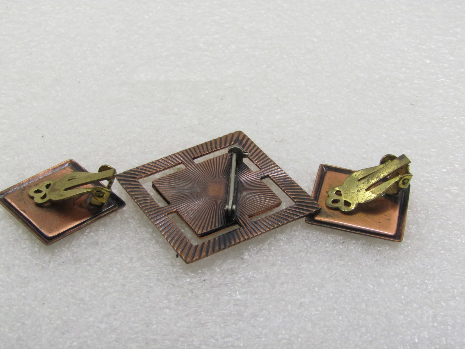 Vintage Copper & Black & Silver Etched Brooch & Clip Earrings Set, Mid-Century - 5
