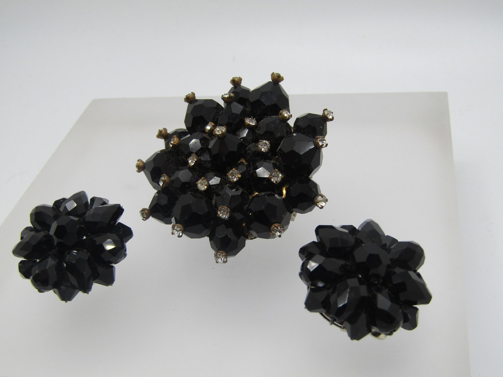 Vintage Black & Clear Faceted Beaded Brooch & Clip Earrings Set, 1950's - 2
