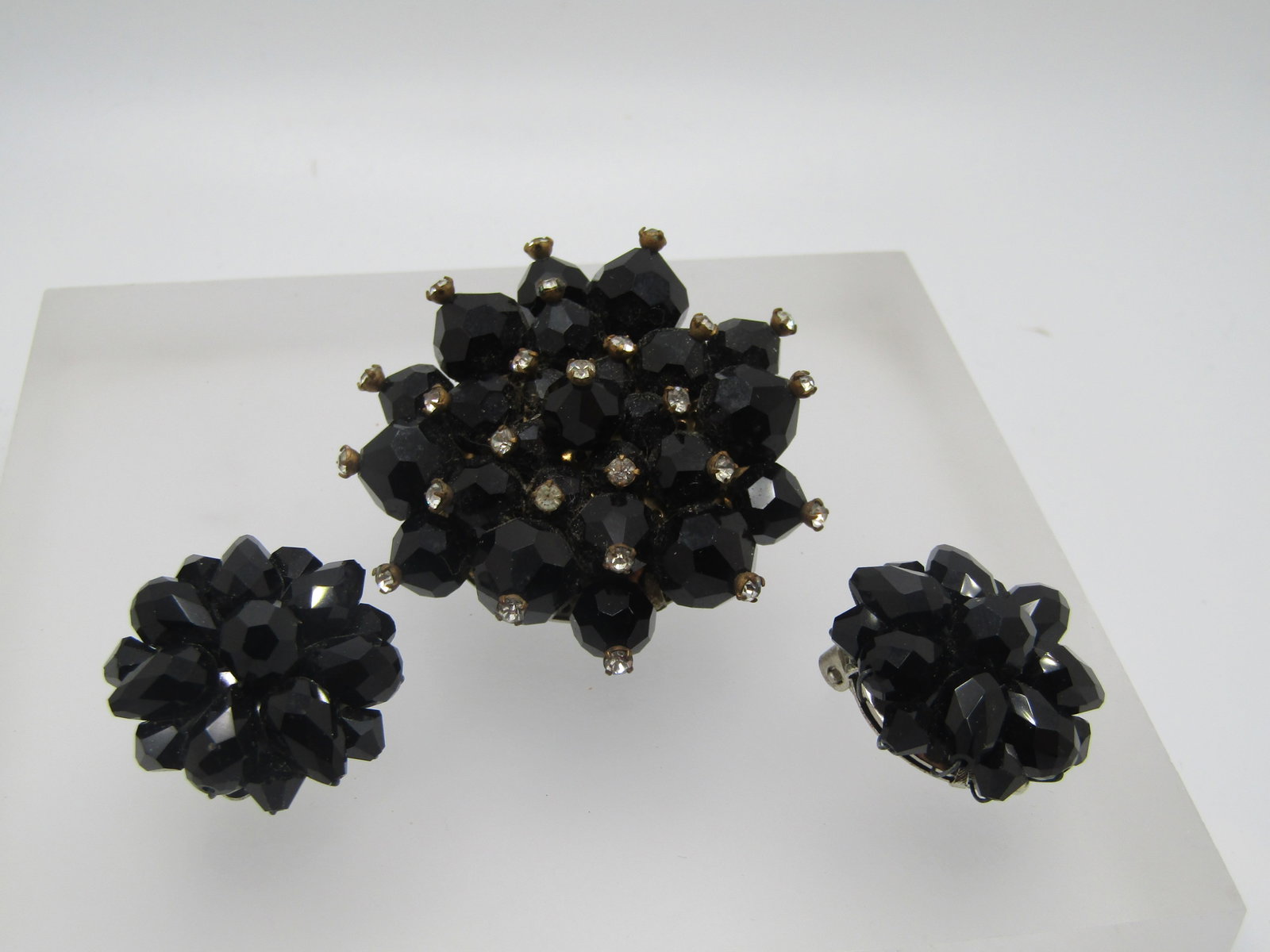 Vintage Black & Clear Faceted Beaded Brooch & Clip Earrings Set, 1950's - 3