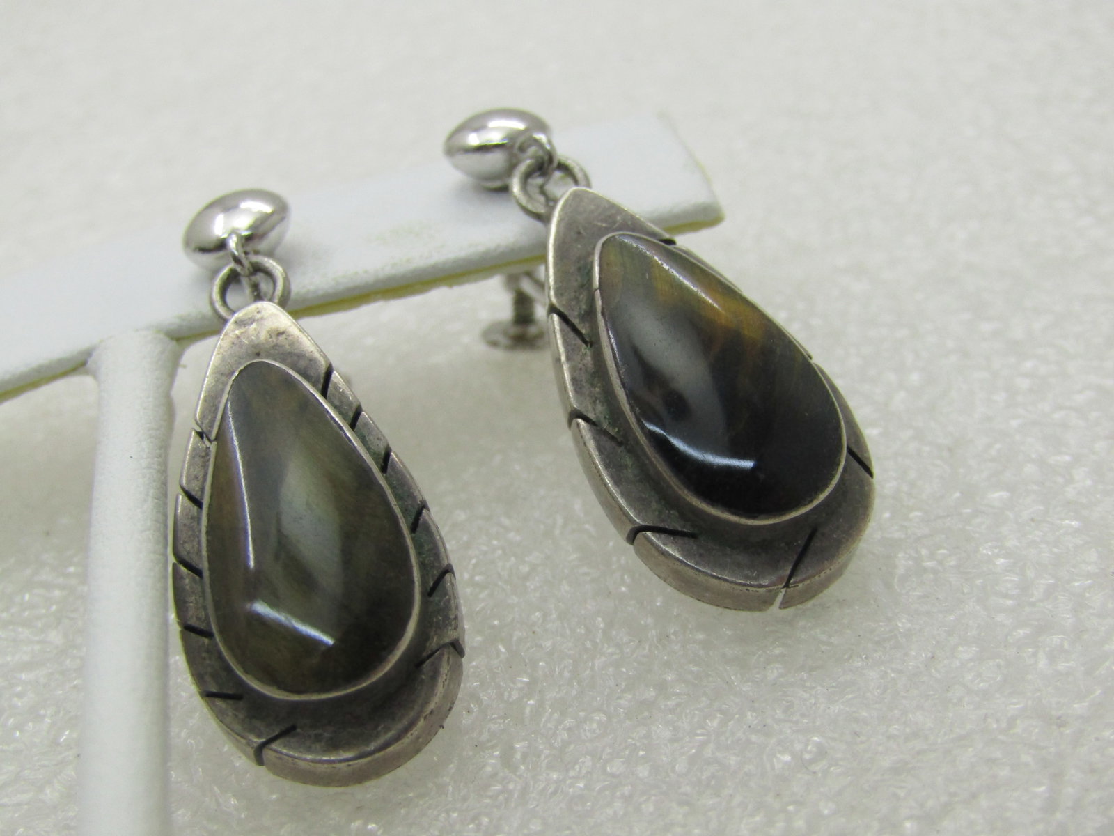 Vintage Sterling Mexico Brown Labradorite Earrings, Signed MES, Screw Back, 1.5" - 4