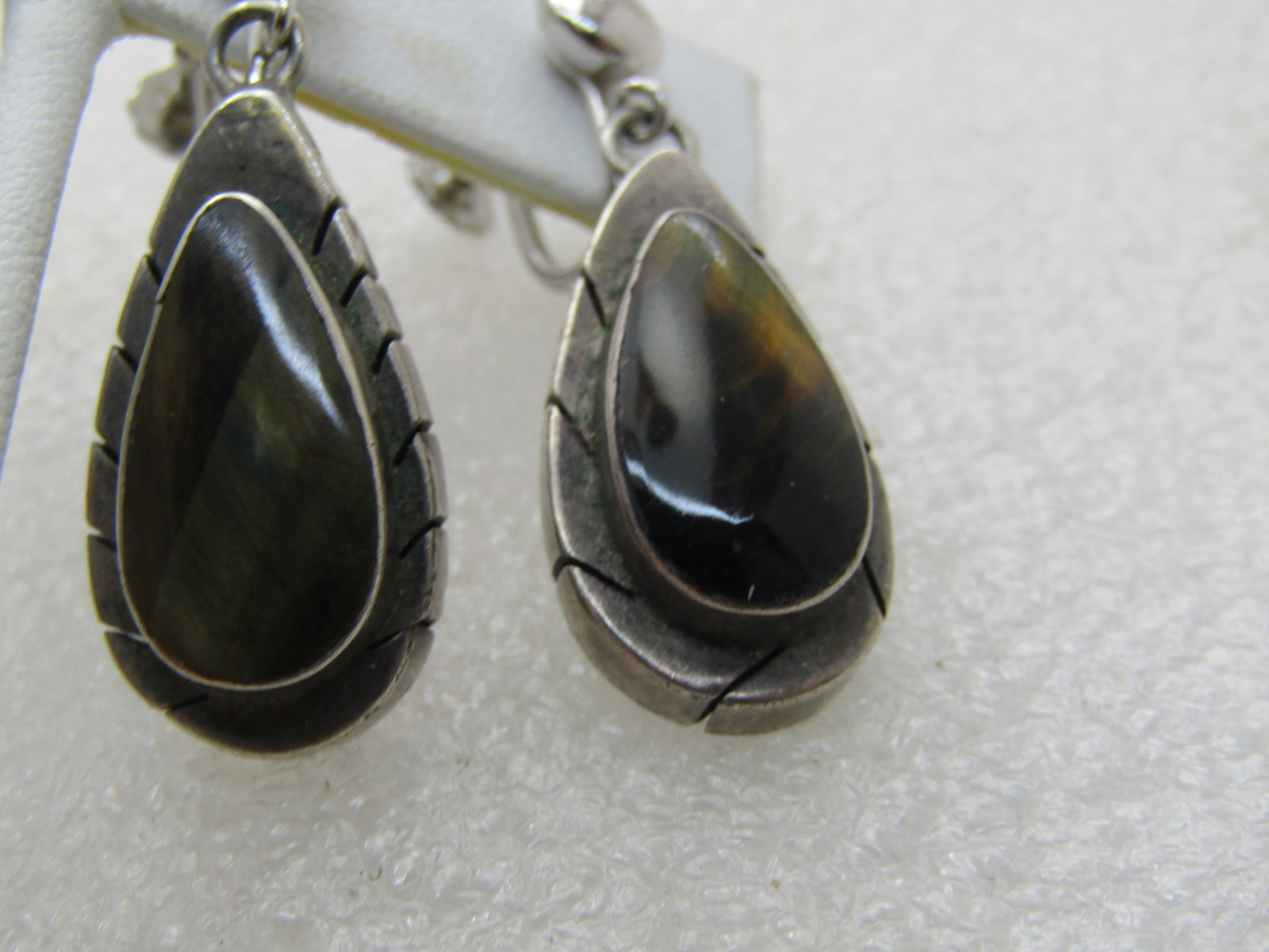 Vintage Sterling Mexico Brown Labradorite Earrings, Signed MES, Screw Back, 1.5" - 6