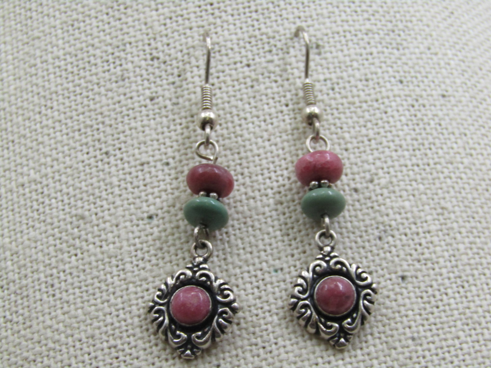 Vintage Sterling Southwestern Drop Rhodocroisite Turquoise Earrings - 2