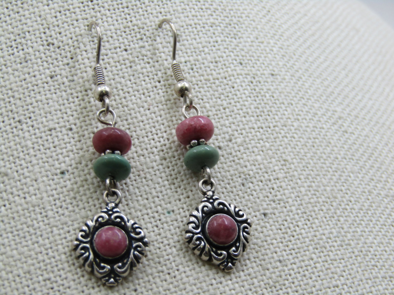 Vintage Sterling Southwestern Drop Rhodocroisite Turquoise Earrings - 3