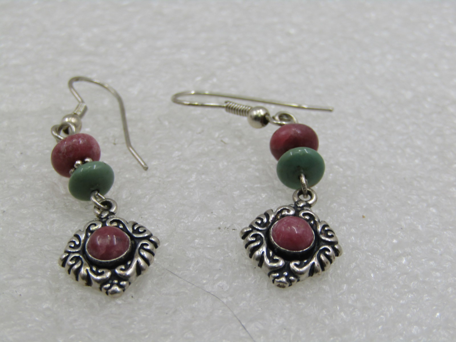 Vintage Sterling Southwestern Drop Rhodocroisite Turquoise Earrings - 4