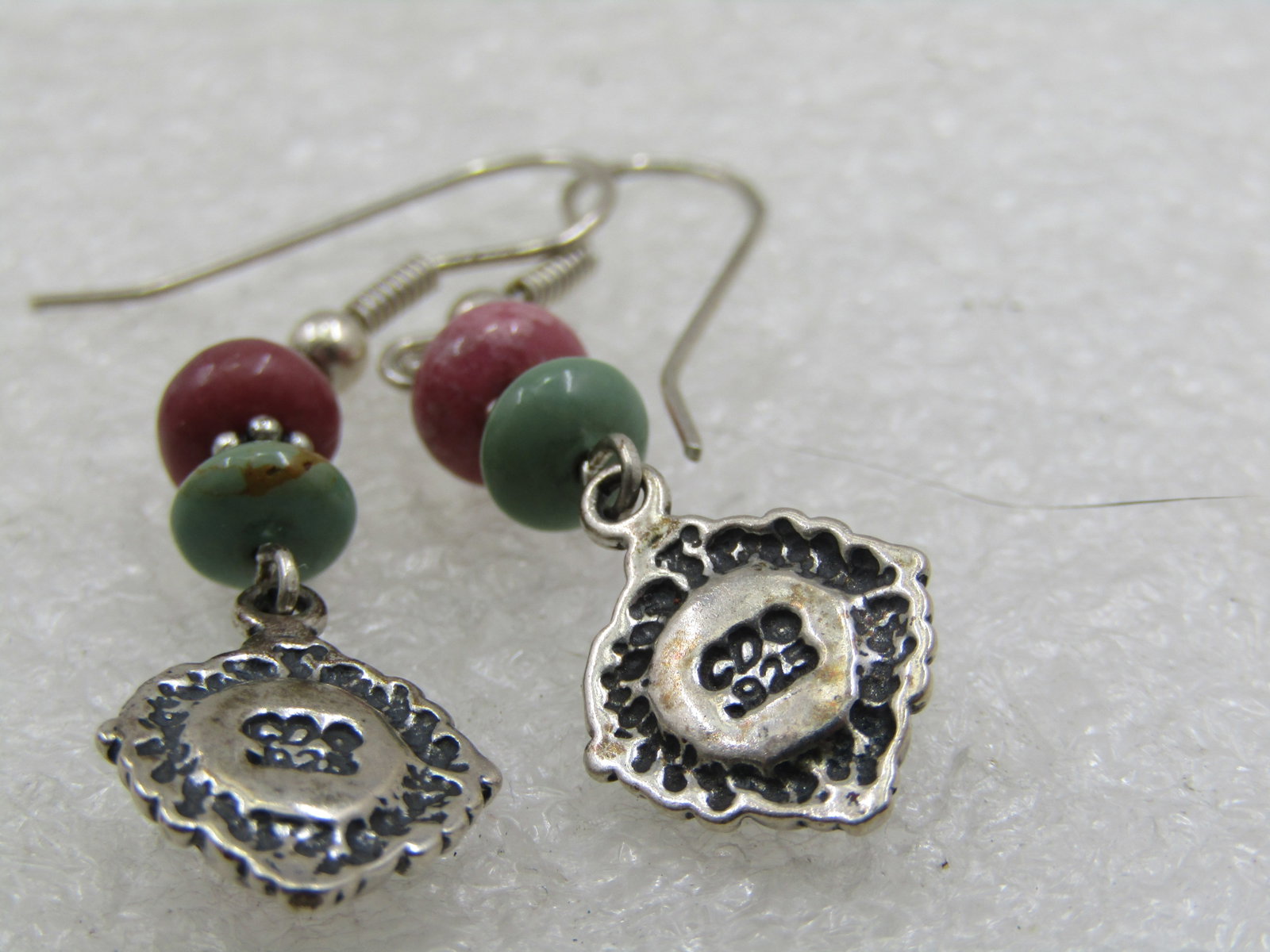 Vintage Sterling Southwestern Drop Rhodocroisite Turquoise Earrings - 5