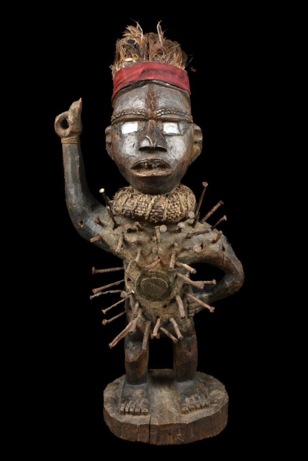 Nkisi Figure – Wood, Nails – Yombe – Congo – Ex Michael Gaud: Provenance: Alfons Bermel (Berlin, Germany) Michael Gaud (Saint Tropez, France) Very complete Nkisi fetish figure from the Yombe tribe of DR Congo. A Nkisi refers to the spiritual nature of the figure