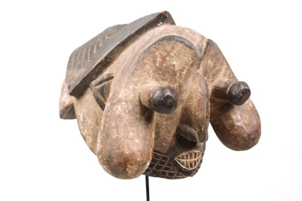 Crest mask – Wood – Bangwa – Cameroon: Powerfull Bangwa crest mask from Cameroon. The piece is characterized by highly exaggerated features, bulbous jowls form the cheeks; buggy eyes appear to pop out of their sockets; protruding lips bare