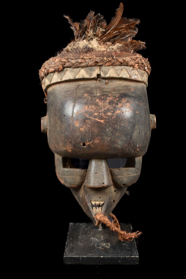 Initiation mask – Wood, Feathers – Salampasu – Congo: Large wooden mask from the Salampasu tribe of DR Congo. Stunning and frightning Salampasu mask. The wooden mask has feathers attached on top. SALAMPASU masks are famous and are characterized by a bulg