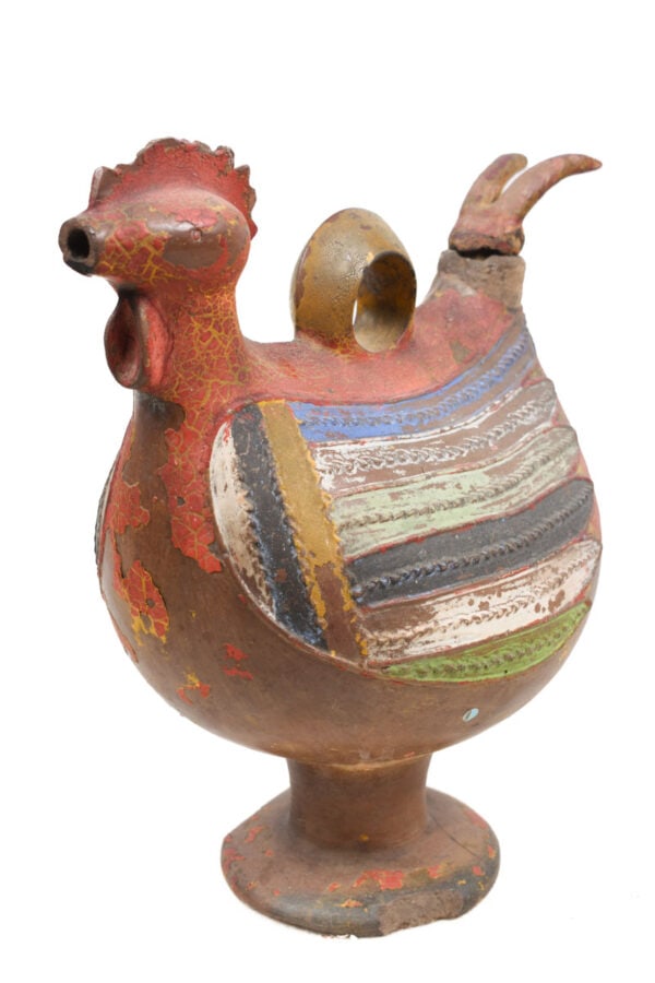 Rooster Figure – Terracotta – Akan- Ghana – Schädler Certificate: Stunning Akan terracotta rooster from the Akan people of Ghana. It was used as a storage container. Great use of multiple colors. Good condition with a wonderful aged patina. The terracotta around the