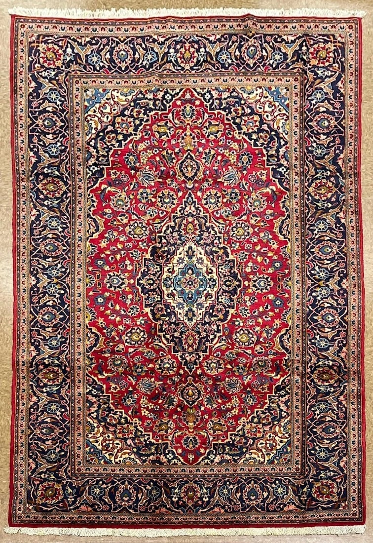 Hand-Knotted Persian Kashan Red Semi-Antique 1970s Oriental Area Rug Carpet 6'4" x 10'9": Title:Hand-Knotted Persian Kashan Red Semi-Antique 1970s Oriental Area Rug Carpet 6'4" x 10'9" Description:* Rug Number: H252 * Country of Origin: Iran * Style, Design: Persian Kashan, Floral, Medalli