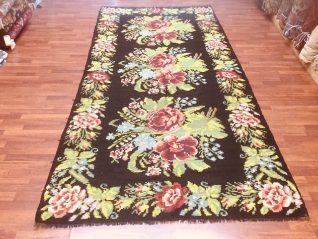Antique European Kilim rug-1609: Title:Antique European Kilim rug-1609 Description:Beautiful antique Moldava Kilim from eastern Europe , size 5 ft. 9 inches by 11 ft. 4 inches, circa 1930 with large rose design on black field, excell