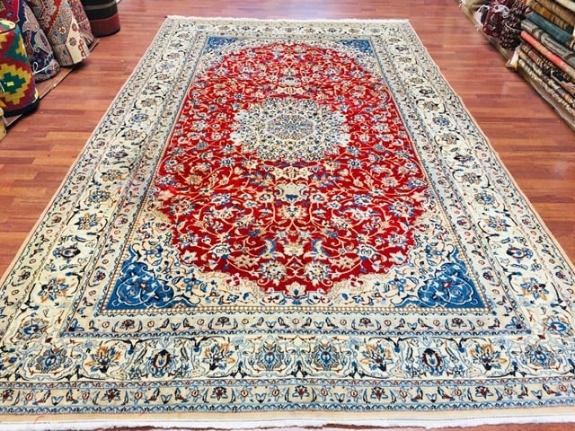 Vintage Persian room size Nain Rug-3670: Title:Vintage Persian room size Nain Rug-3670 Description:Vintage Persian Nain rug, from central Persia, size 6 ft. 10 inches by 12 ft, circa 1950, excellent condition on red field, complete rug with 