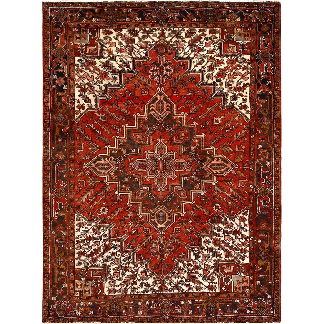 Tomato Red, Vintage Persian Heriz, Pure Wool, Hand Knotted, Rug: Title: Tomato Red, Vintage Persian Heriz, Pure Wool, Hand Knotted, Rug Description:This is a truly genuine one-of-a-kind. It has been Knotted for months and months in the centuries-old weaving craftsm