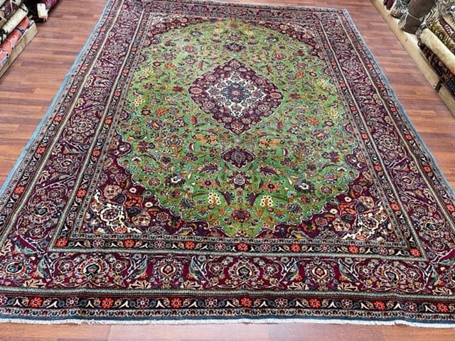 Antique Persian kashan Rug-5015: Title:Antique Persian kashan Rug-5015 Description:Beautiful antique persian kashan rug from central persia, size 7 ft. 10 inches by 10 ft. 9 inches, circa 1930, on lovey green field, very good to exce
